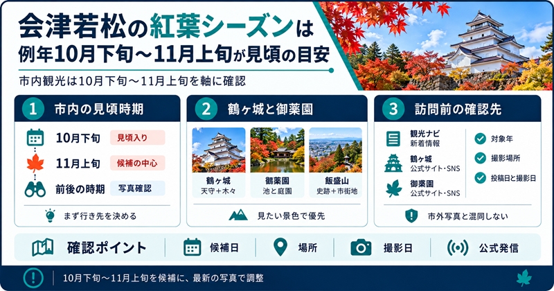 会津若松の紅葉シーズンは例年10月下旬〜11月上旬が見頃の目安