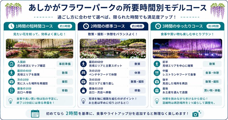 あしかがフラワーパークの所要時間別モデルコース