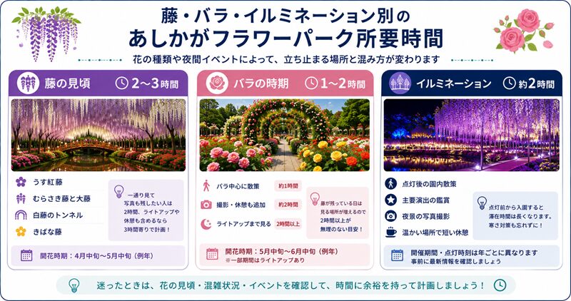 藤・バラ・イルミネーション別のあしかがフラワーパーク所要時間