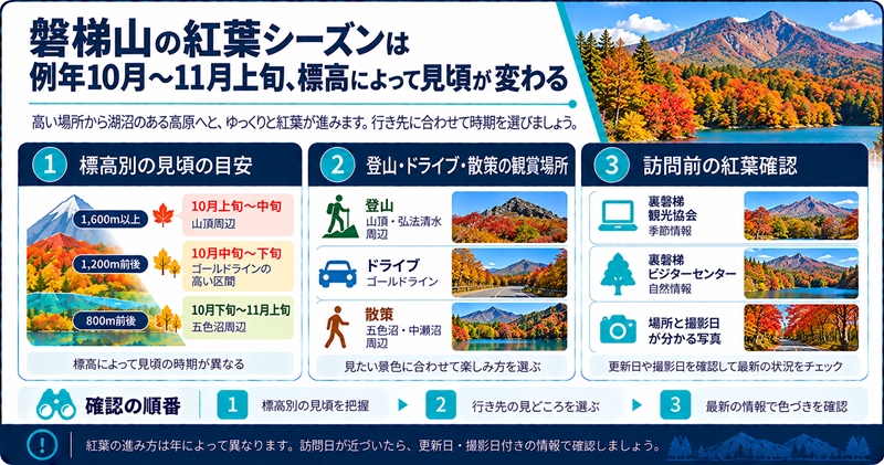 五色沼の紅葉シーズンは例年10月中旬〜11月上旬が見頃の目安