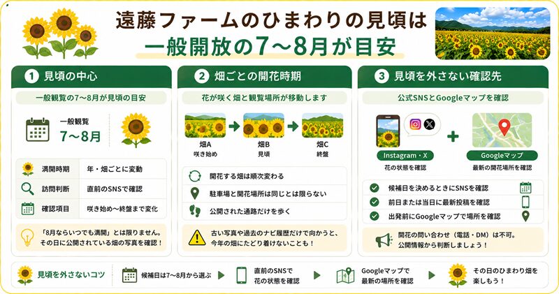 結論：遠藤ファームのひまわりの見頃は一般開放の7〜8月が目安