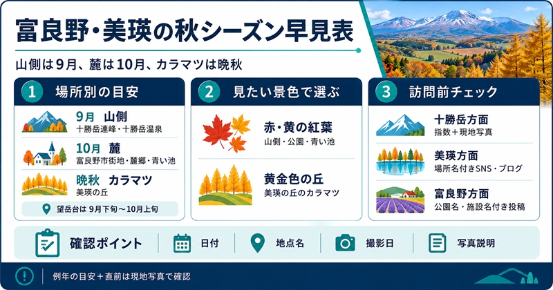 富良野・美瑛の紅葉シーズンは山側が9月、麓が10月、カラマツが晩秋