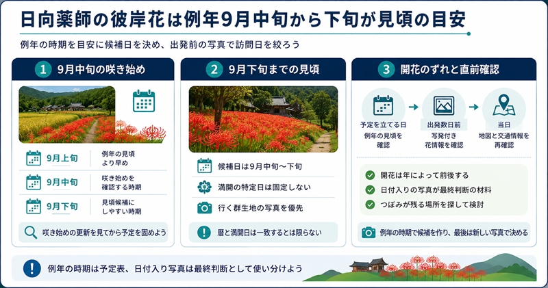 結論:日向薬師の彼岸花は例年9月中旬から下旬が見頃の目安