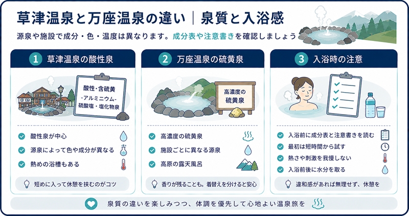 草津温泉と万座温泉の違い｜泉質と入浴感