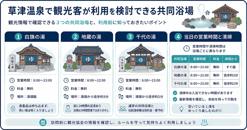 草津温泉で観光客が利用を検討できる共同浴場