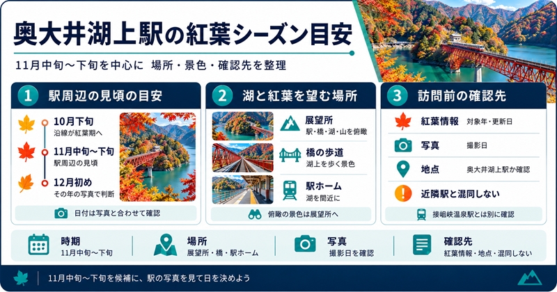 奥大井湖上駅の紅葉シーズンは11月、見頃時期は中旬〜下旬が目安