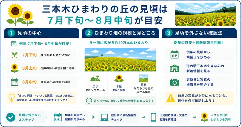 三本木ひまわりの丘の見頃は7月下旬〜8月中旬が目安