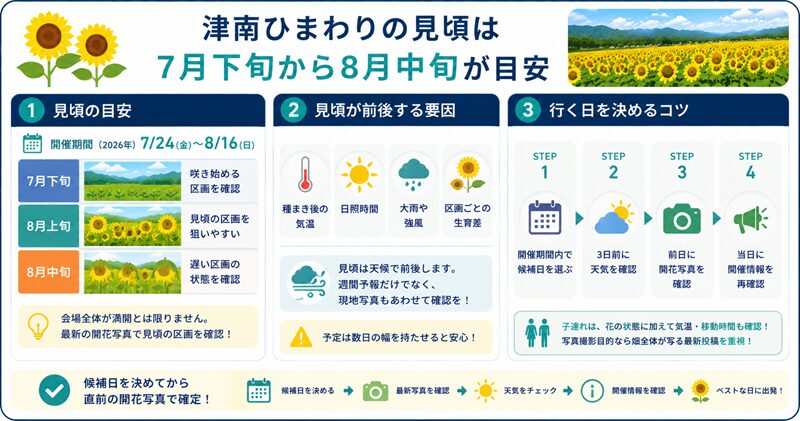 津南ひまわりの見頃は7月下旬から8月中旬が目安