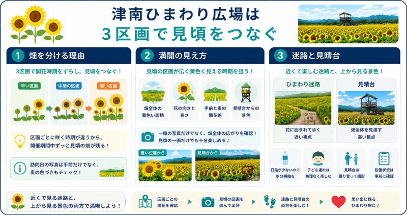 津南ひまわり広場は3区画で見頃をつなぐ