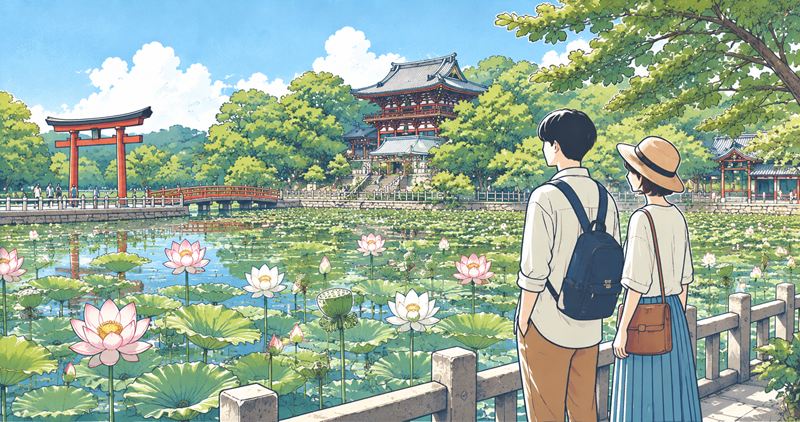 鶴岡八幡宮のハスの花が見られる源平池