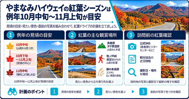 やまなみハイウェイの紅葉シーズンは例年10月中旬〜11月上旬が目安